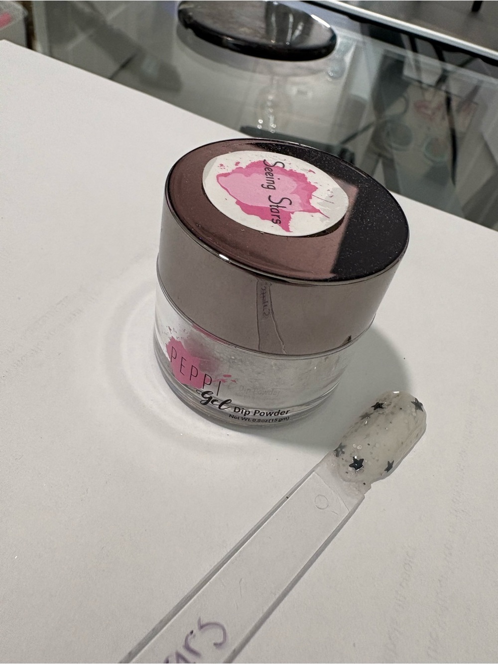 Peppi Gel Seeing Stars white with black stars dip nail powder